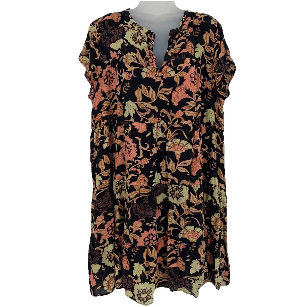Roller Rabbit Sz XL Brown Floral Pamela‎ Taos Tiered V Neck Mini Dress Bohemian